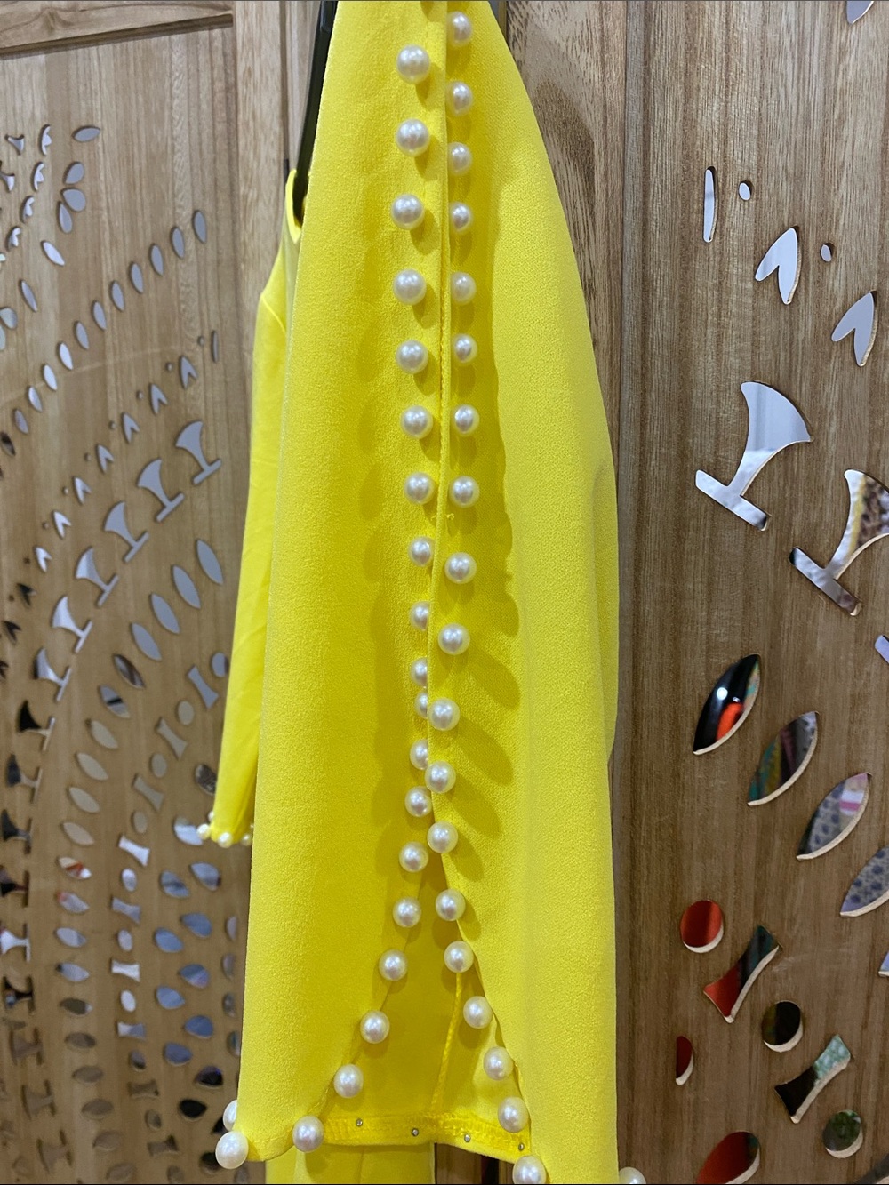 Yellow Midi Dress with Pearl-Trim Sleeves - Picture 4 of 7